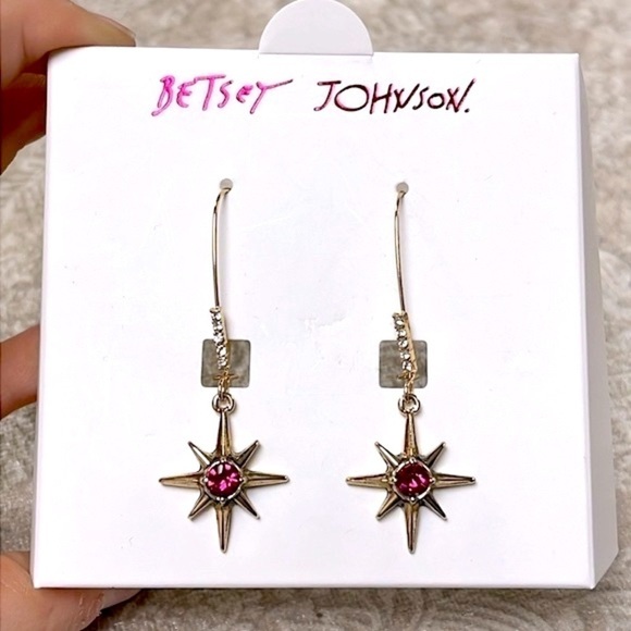 Brand New Betsey Johnson Gold Tone Celestial Star Pink Stone Drop Earrings - Picture 3 of 15